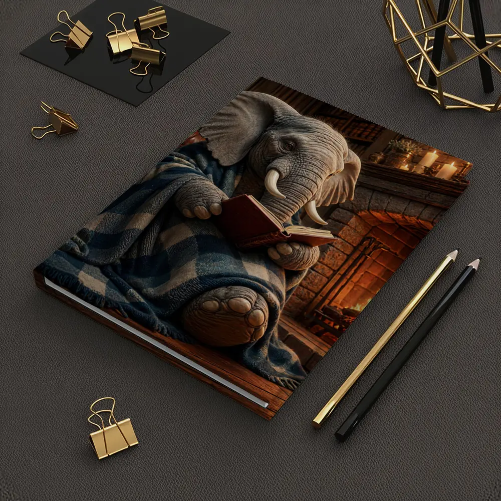 Cozy Elephant Reading Book By Fireplace – Notebooks