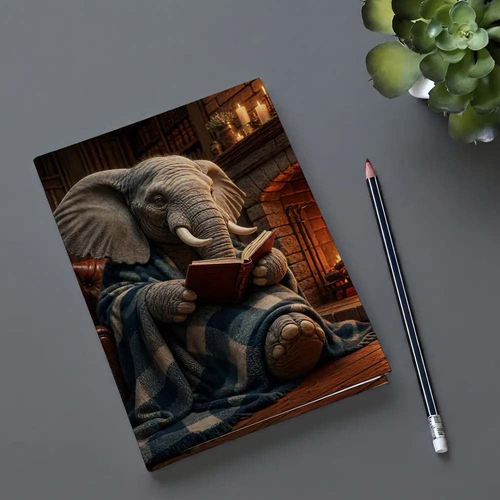 Cozy Elephant Reading Book By Fireplace – Notebooks
