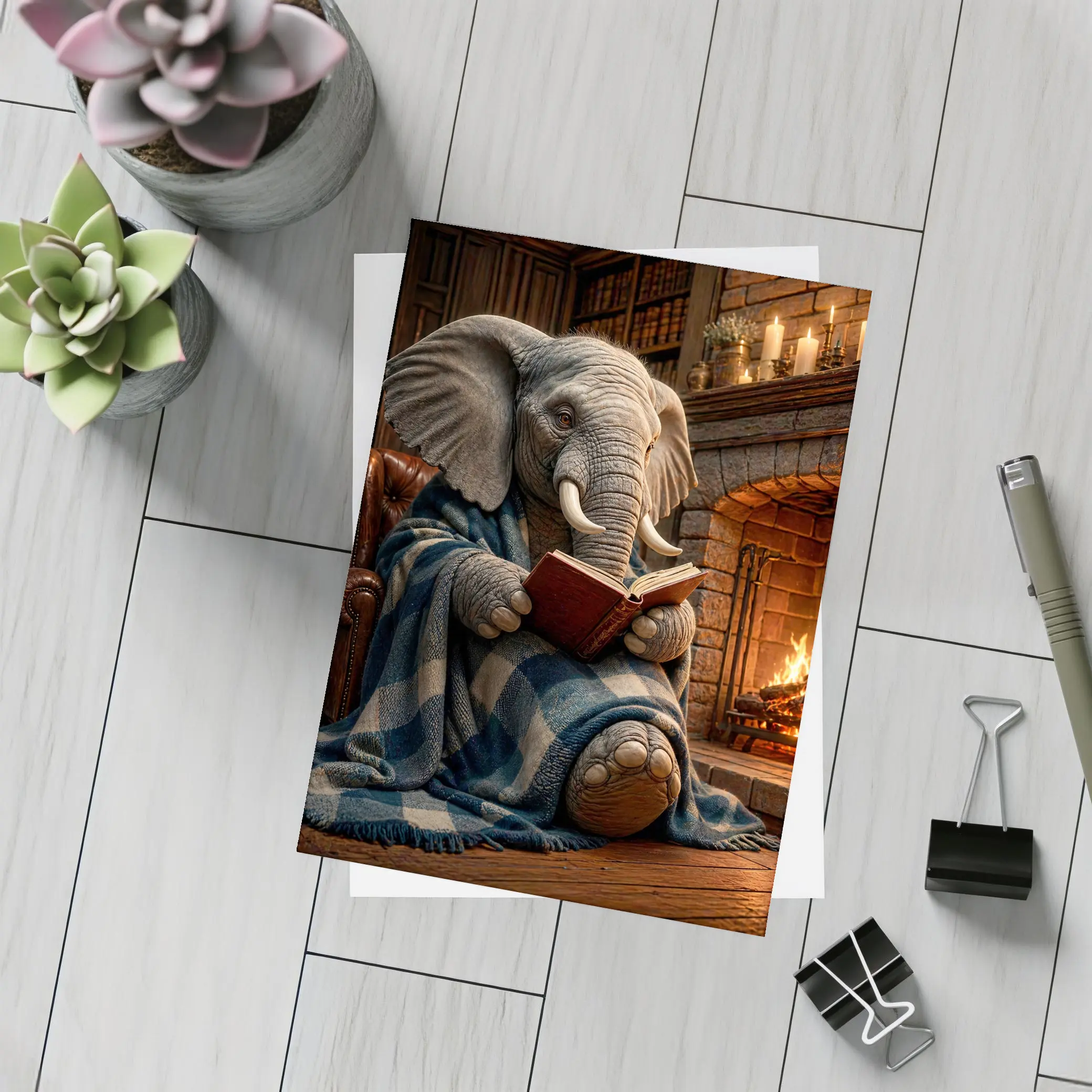 Cozy Elephant Reading Book By Fireplace – Postcards