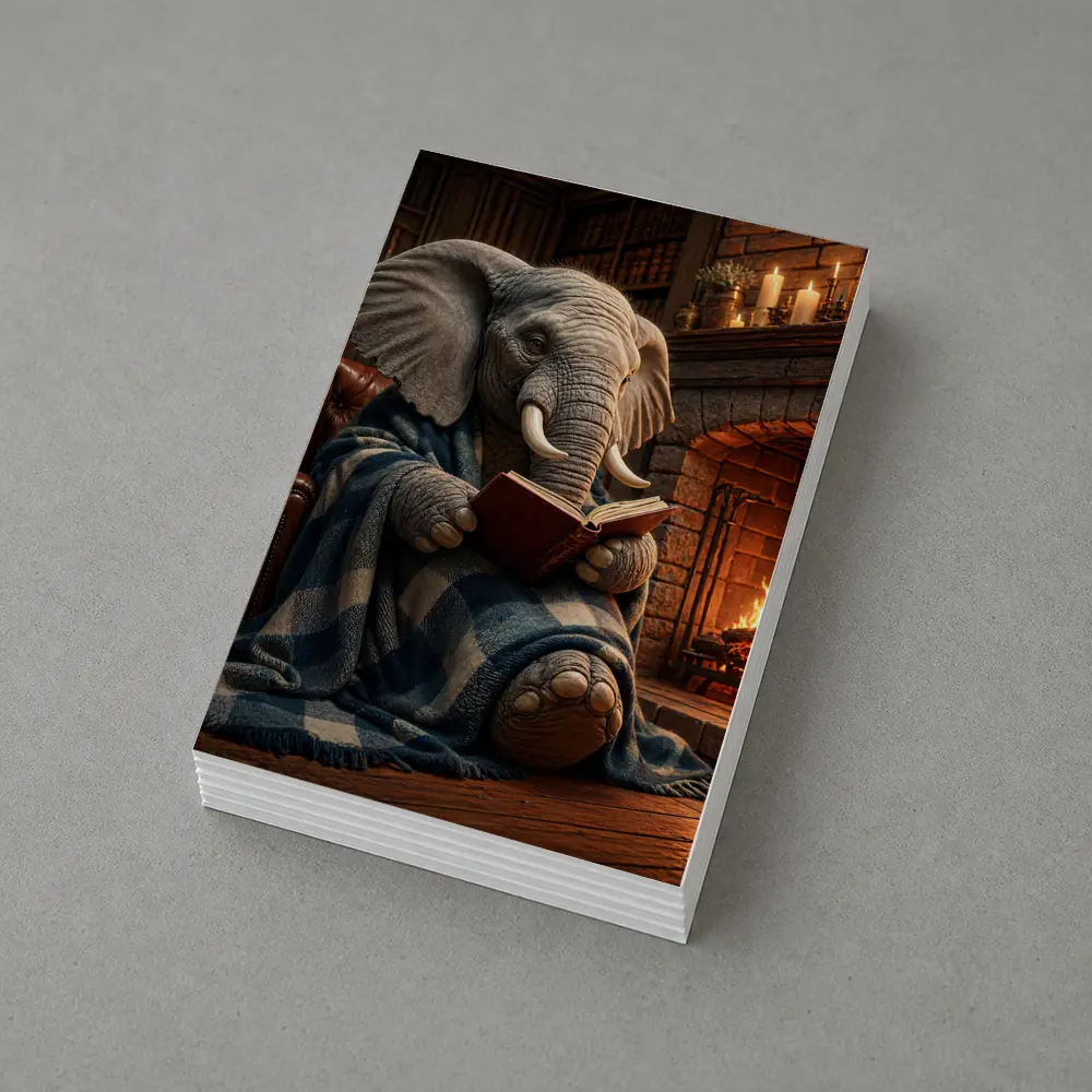 Cozy Elephant Reading Book By Fireplace – Postcards