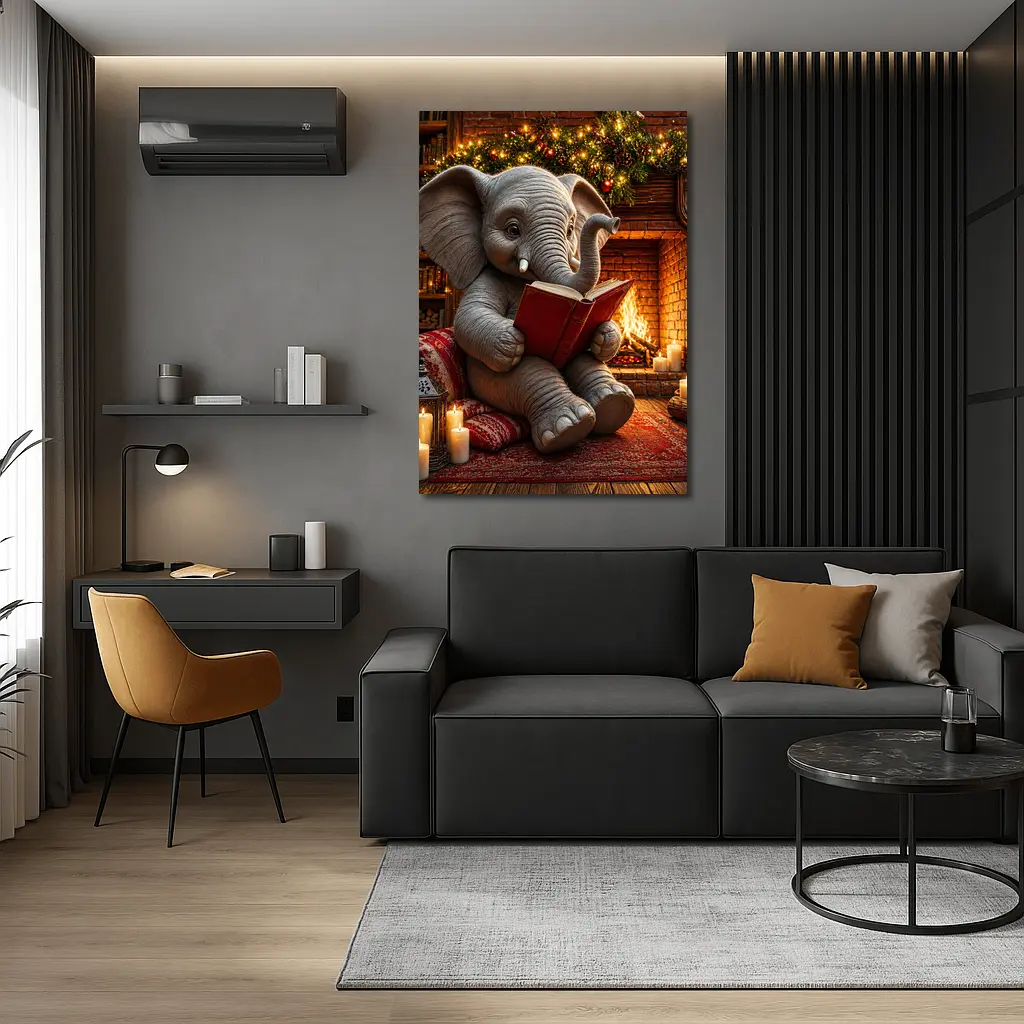 Cozy Elephant Reading Book By Fireplace – Wall Art