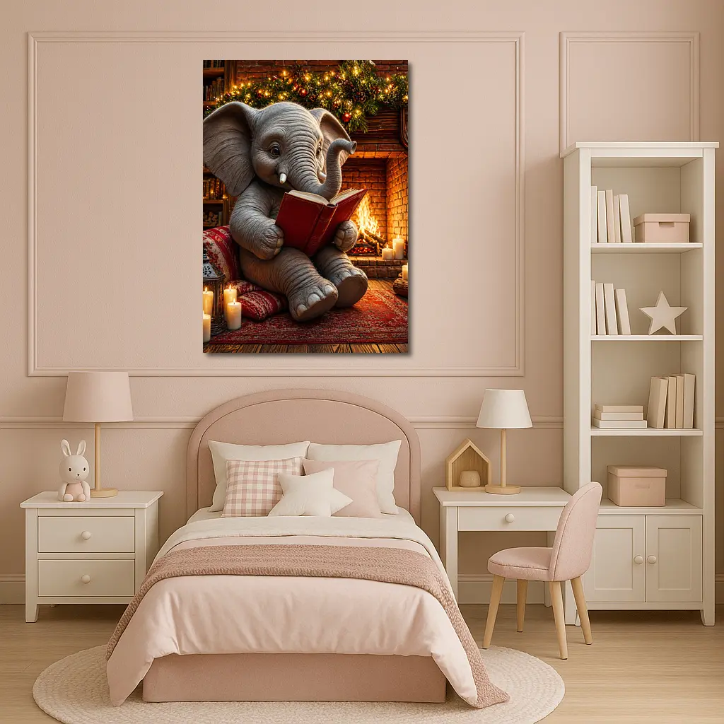 Cozy Elephant Reading Book By Fireplace – Wall Art