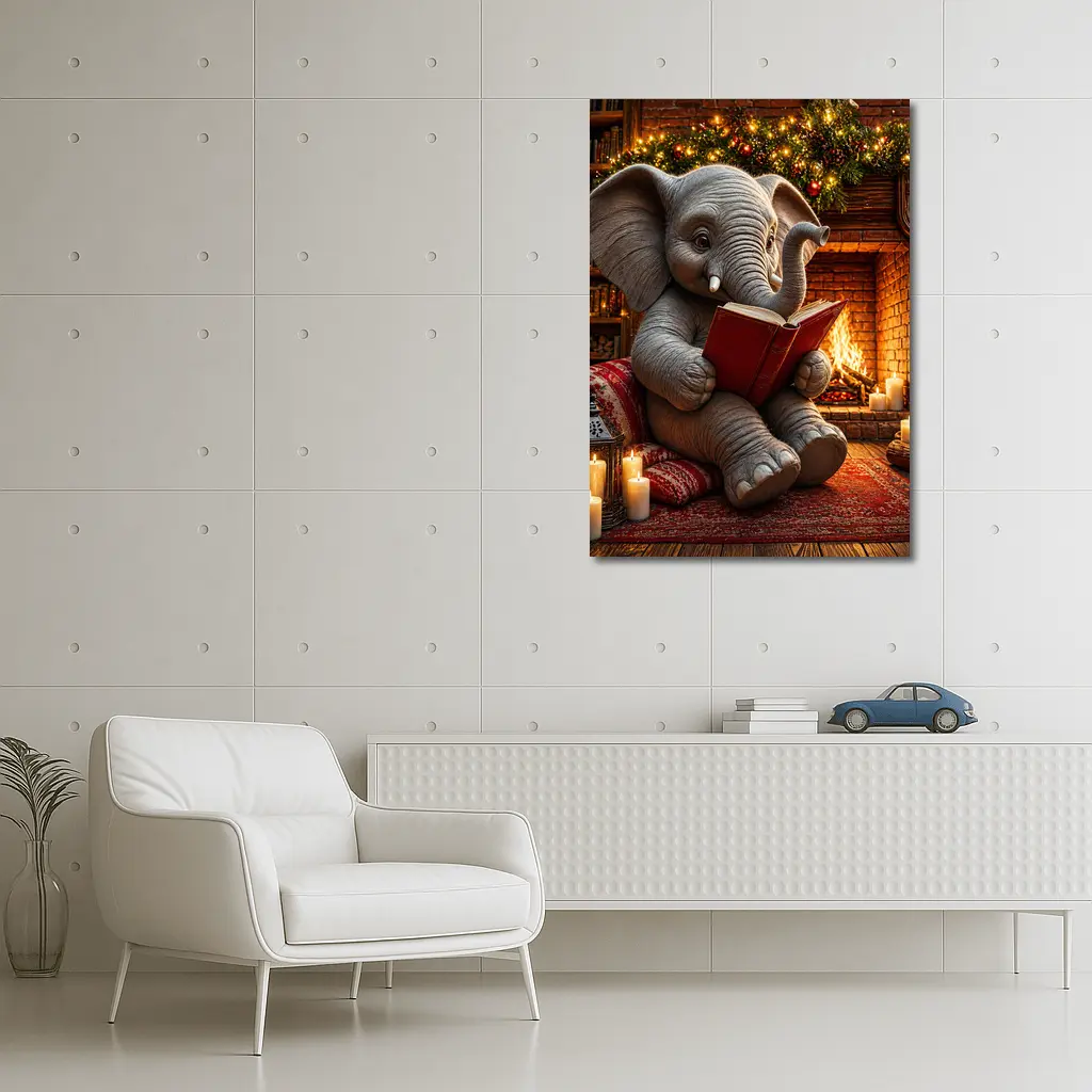Cozy Elephant Reading Book By Fireplace – Wall Art