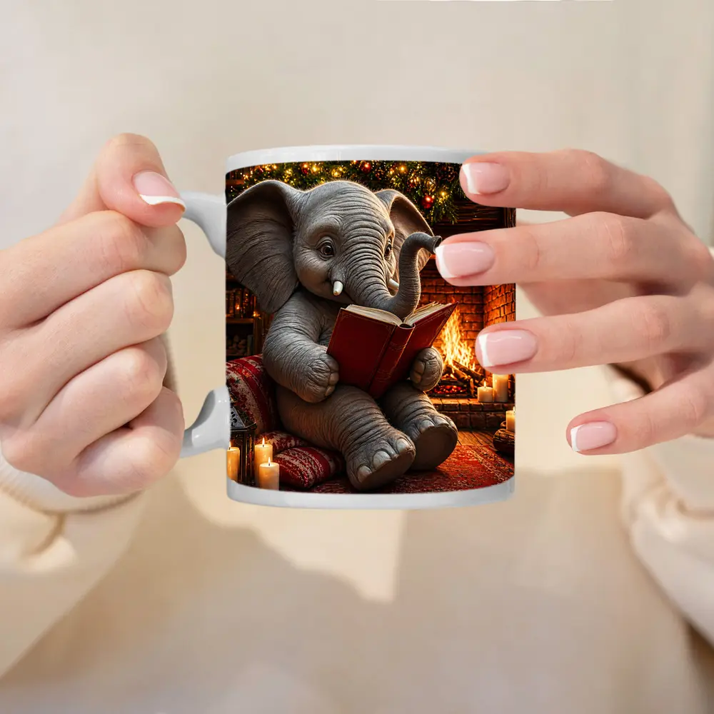 Cozy Elephant Reading Book By Fireplace – Mugs
