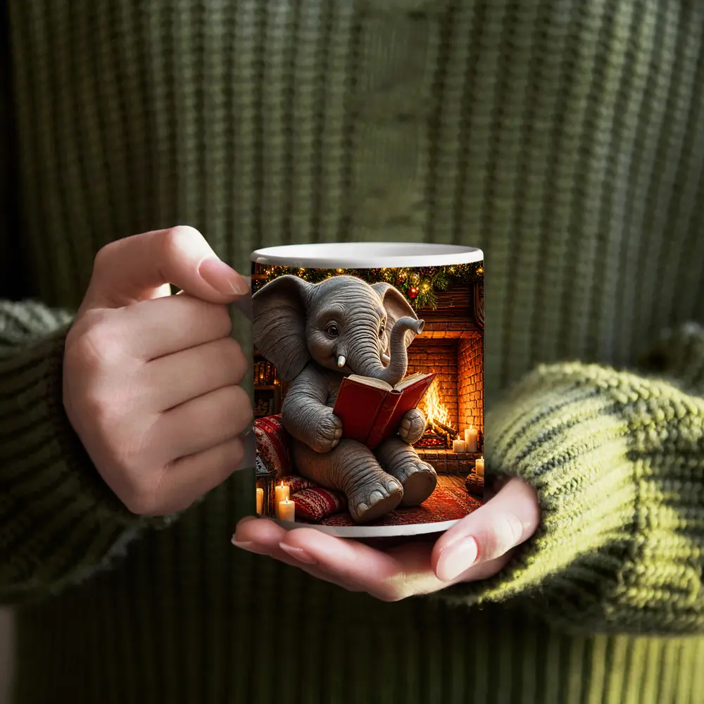 Cozy Elephant Reading Book By Fireplace – Mugs