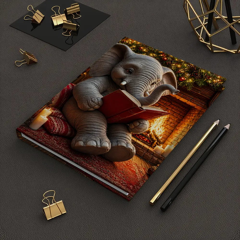 Cozy Elephant Reading Book By Fireplace – Notebooks