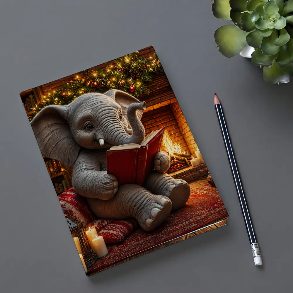 Cozy Elephant Reading Book By Fireplace – Notebooks