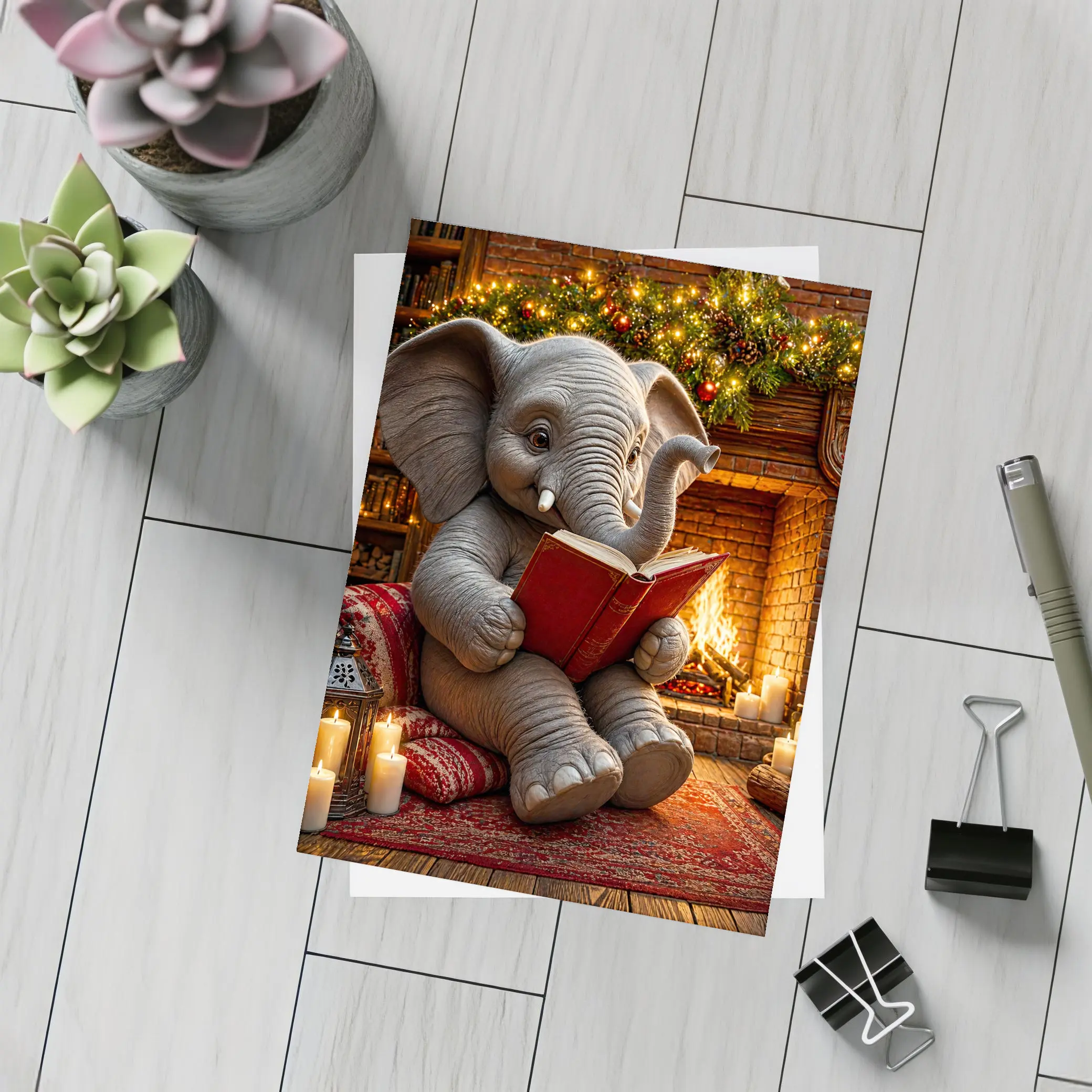 Cozy Elephant Reading Book By Fireplace – Postcards