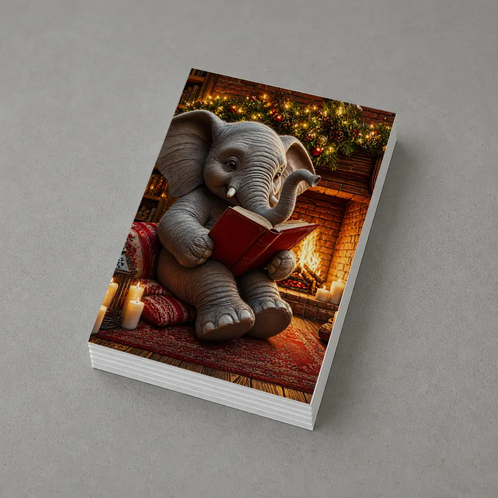 Cozy Elephant Reading Book By Fireplace – Postcards