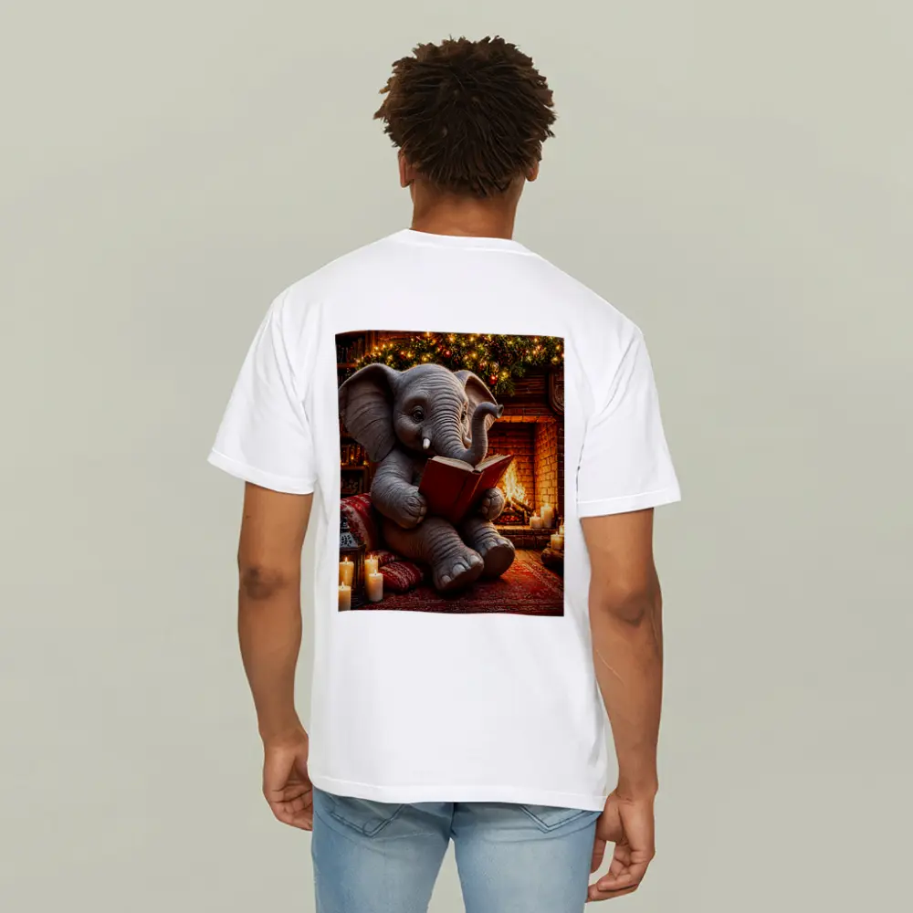 Cozy Elephant Reading Book By Fireplace – T-Shirts