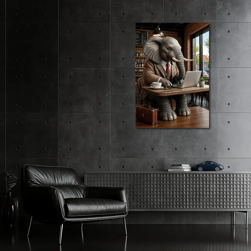 Elephant Businessman Working Laptop Coffee Shop – Wall Art