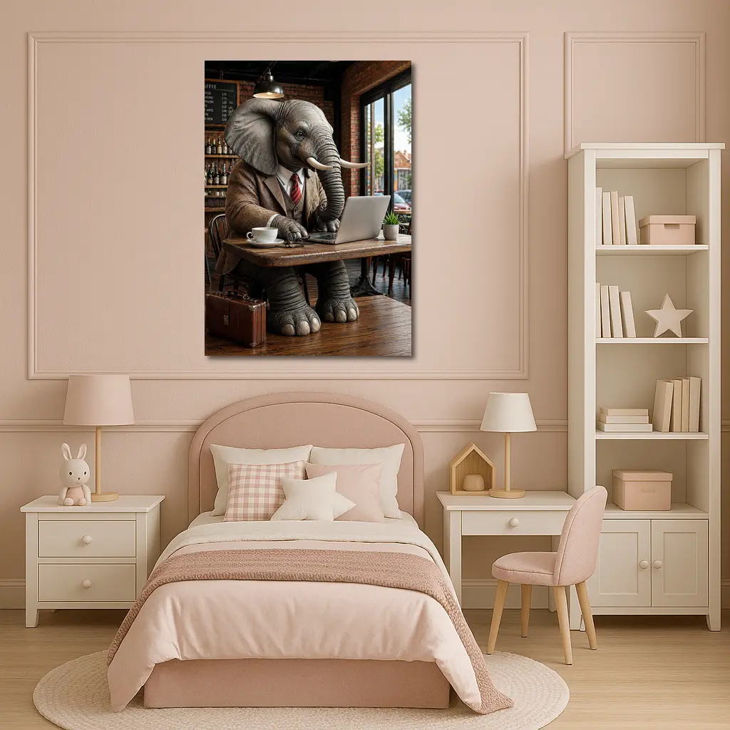 Elephant Businessman Working Laptop Coffee Shop – Wall Art
