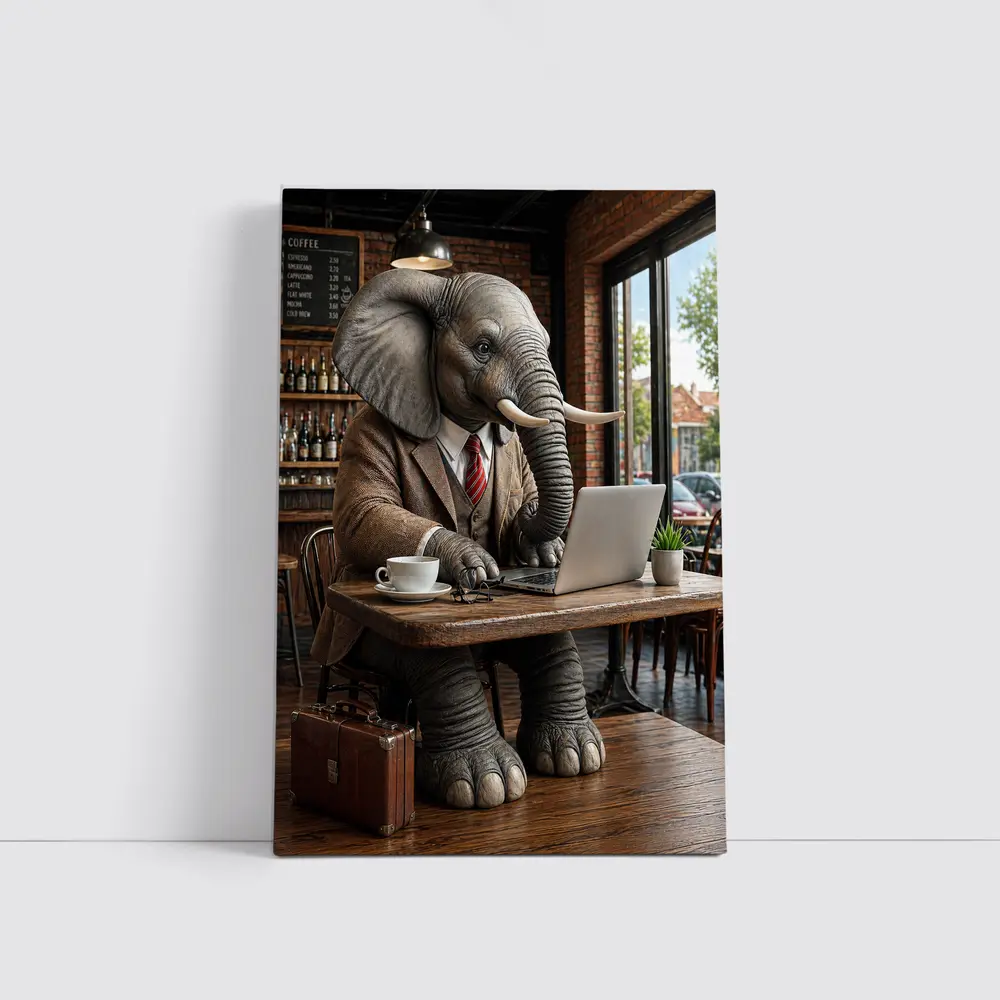 Elephant Businessman Working Laptop Coffee Shop – Wall Art