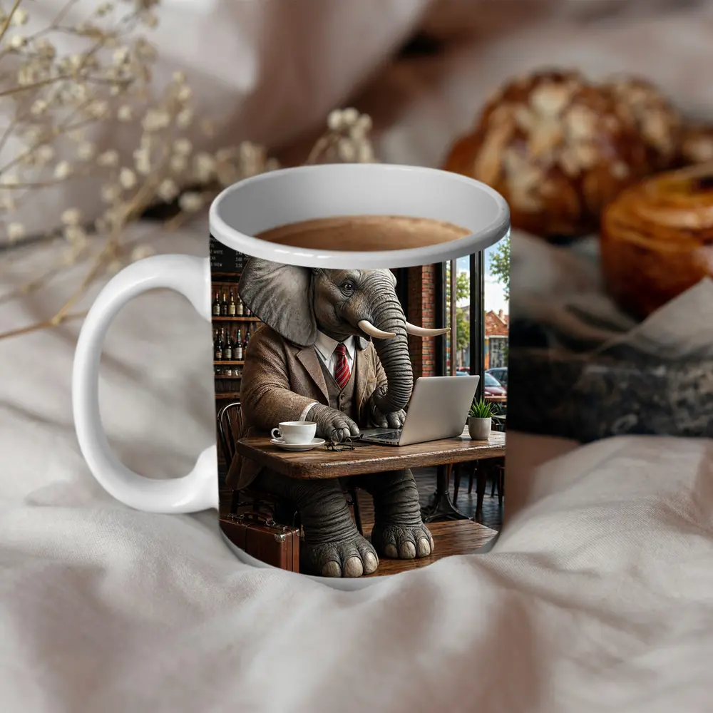 Elephant Businessman Working Laptop Coffee Shop – Mugs