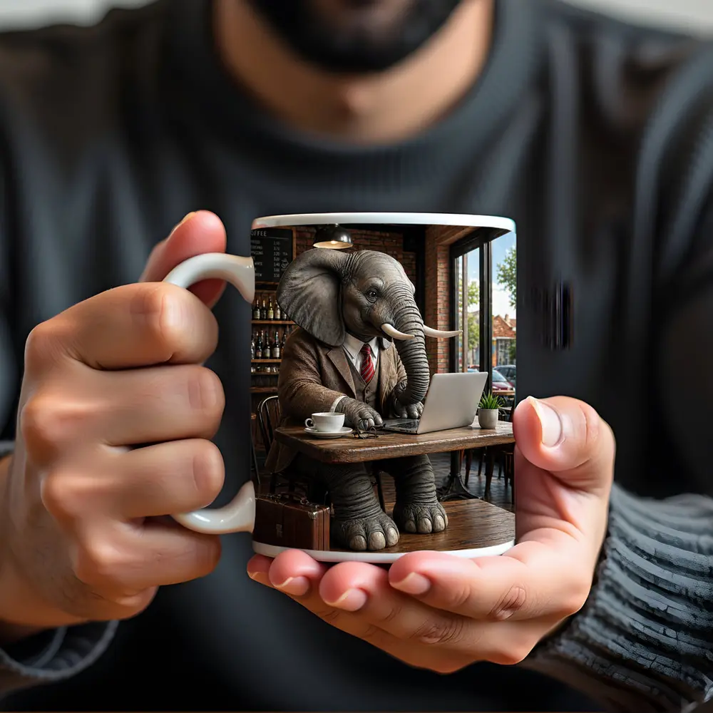 Elephant Businessman Working Laptop Coffee Shop – Mugs