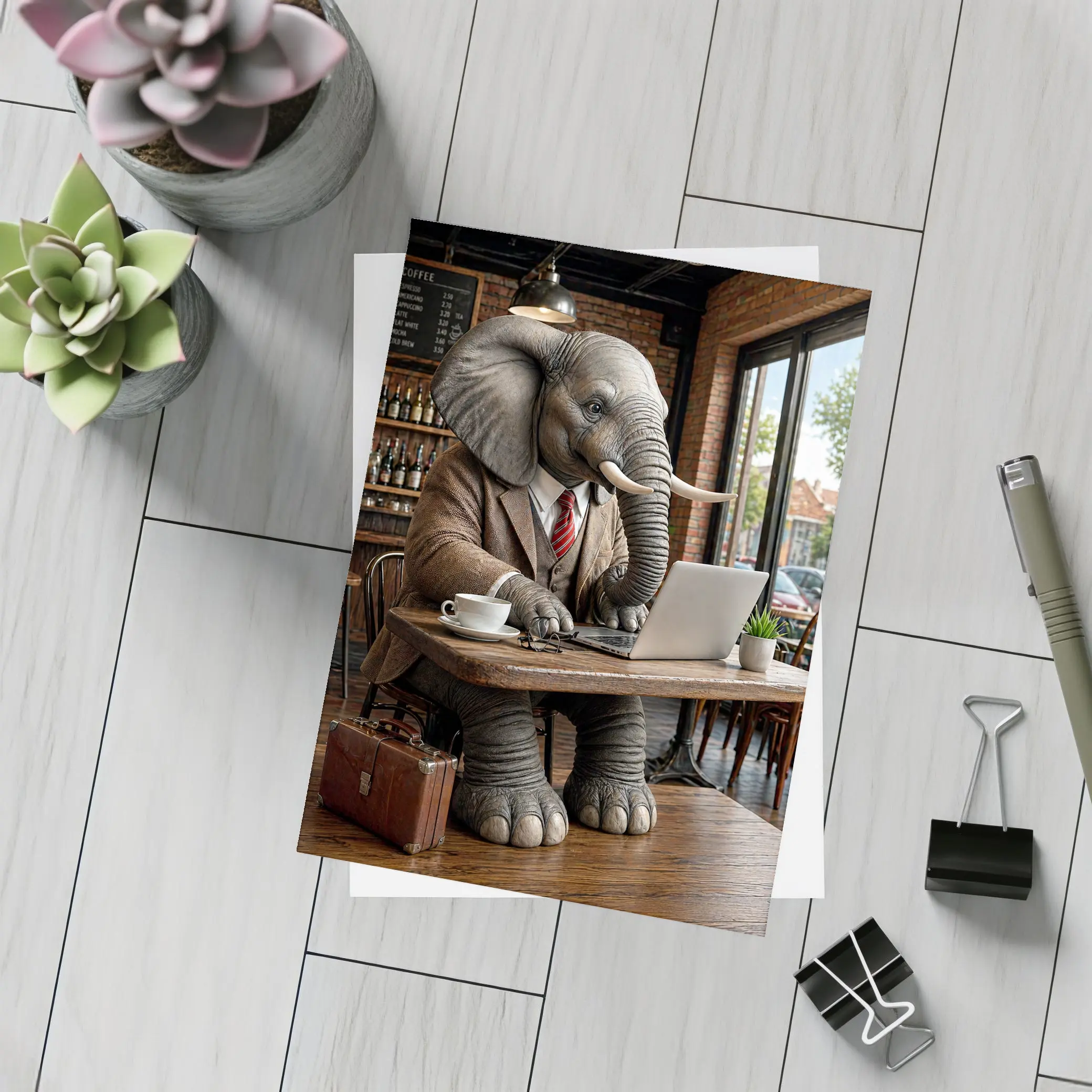 Elephant Businessman Working Laptop Coffee Shop – Postcards