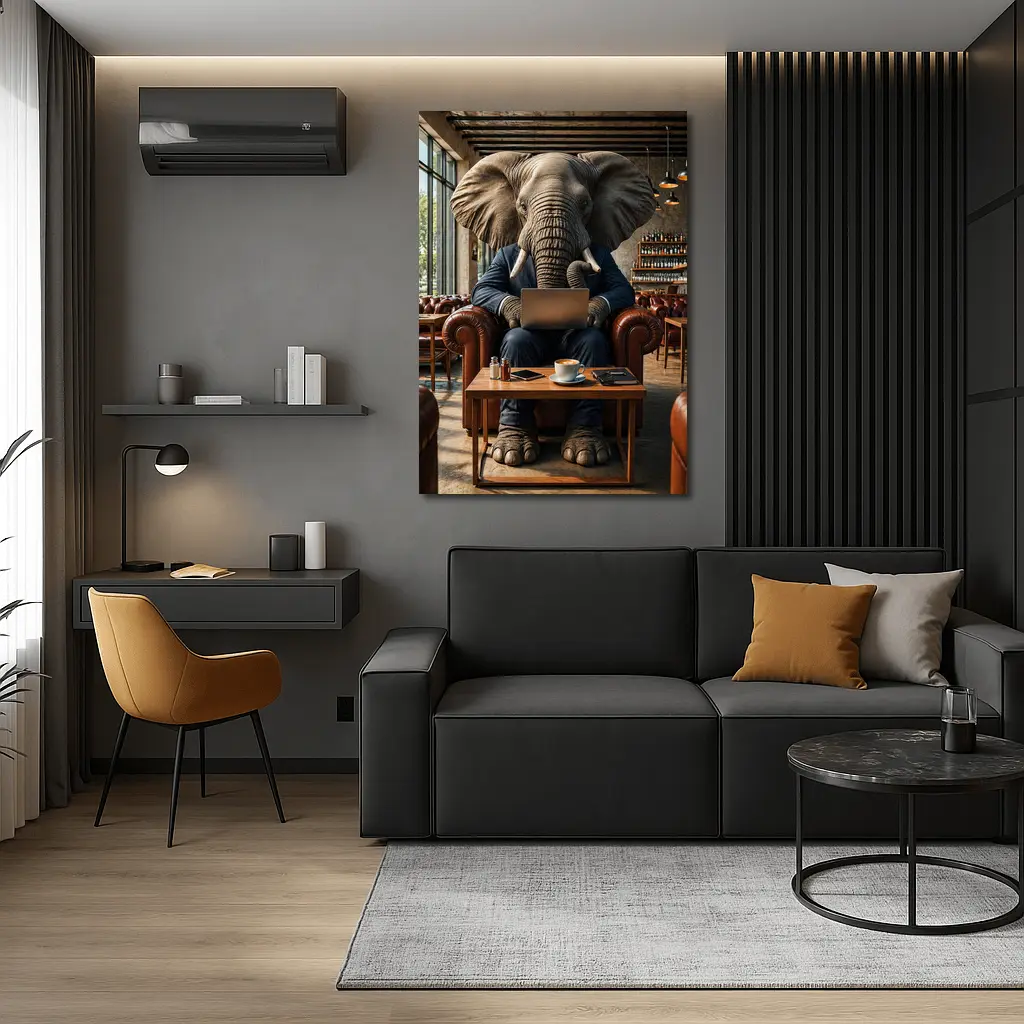 Elephant Businessman Working Laptop Cafe Setting – Wall Art
