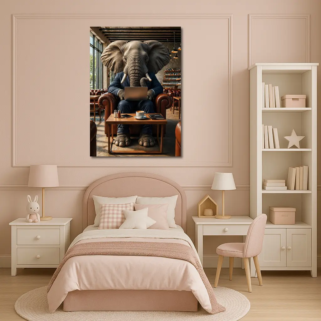 Elephant Businessman Working Laptop Cafe Setting – Wall Art