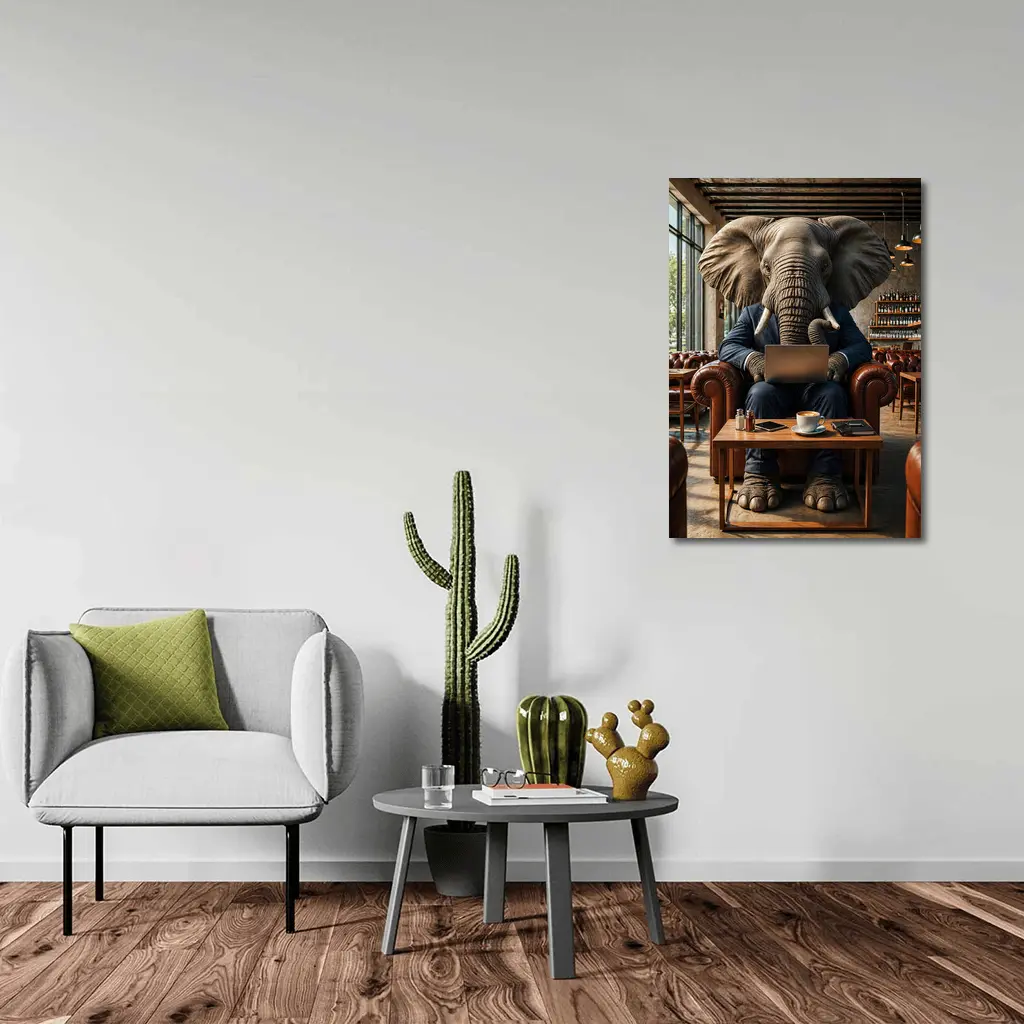 Elephant Businessman Working Laptop Cafe Setting – Wall Art