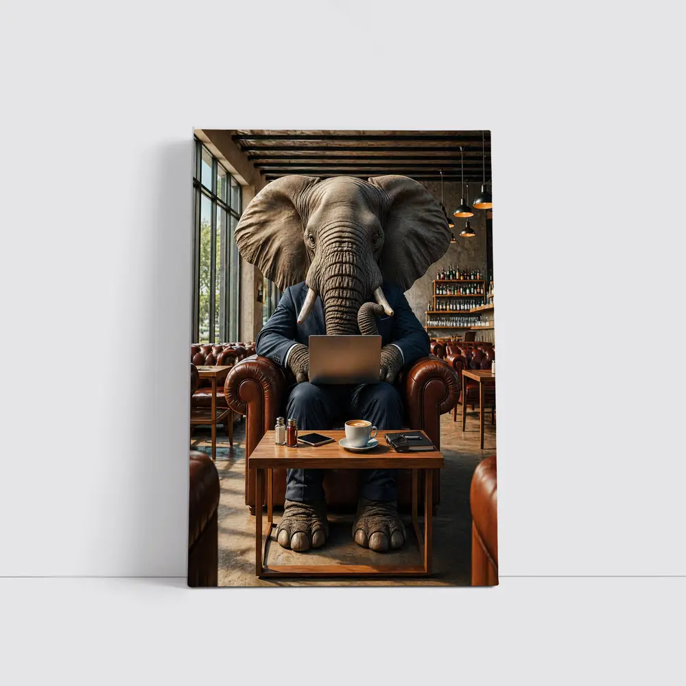 Elephant Businessman Working Laptop Cafe Setting – Wall Art