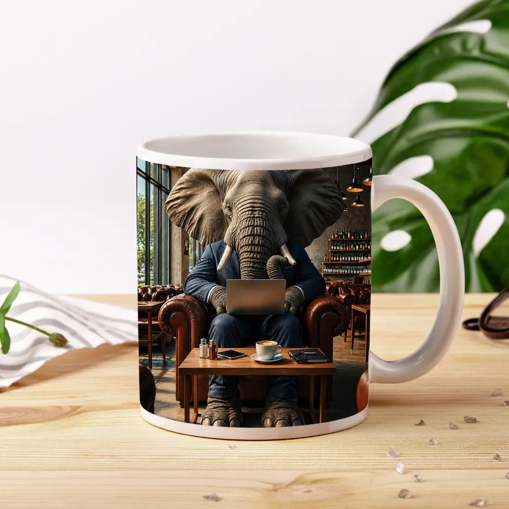 Elephant Businessman Working Laptop Cafe Setting – Mugs
