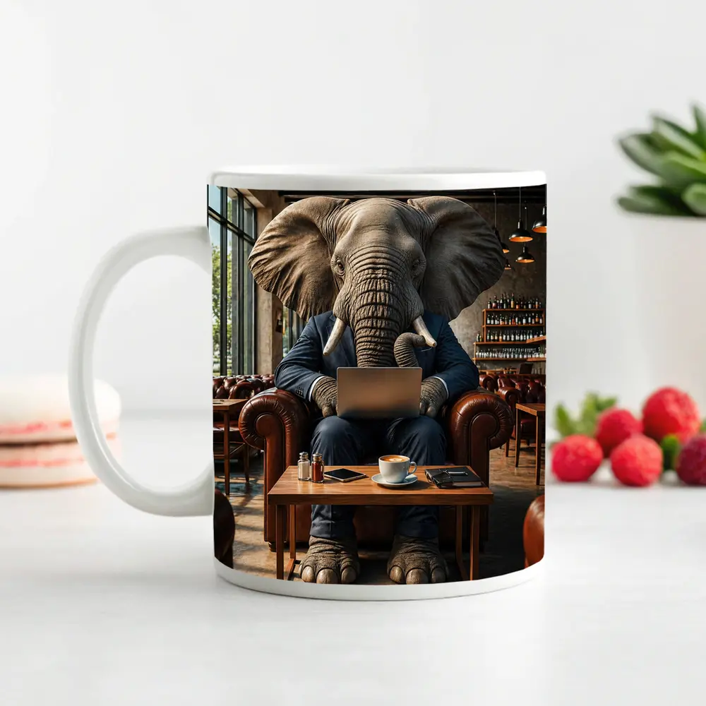 Elephant Businessman Working Laptop Cafe Setting – Mugs