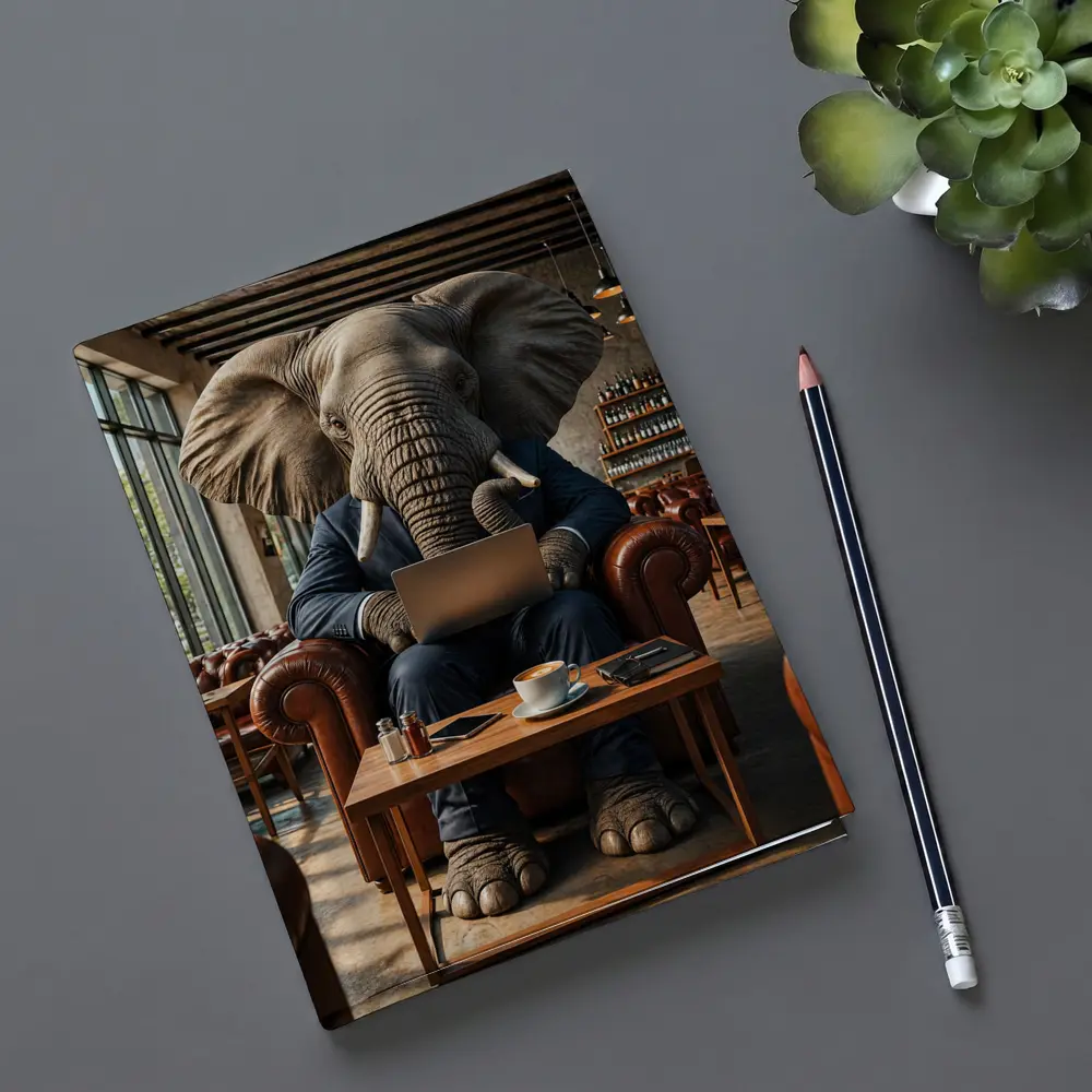 Elephant Businessman Working Laptop Cafe Setting – Notebooks