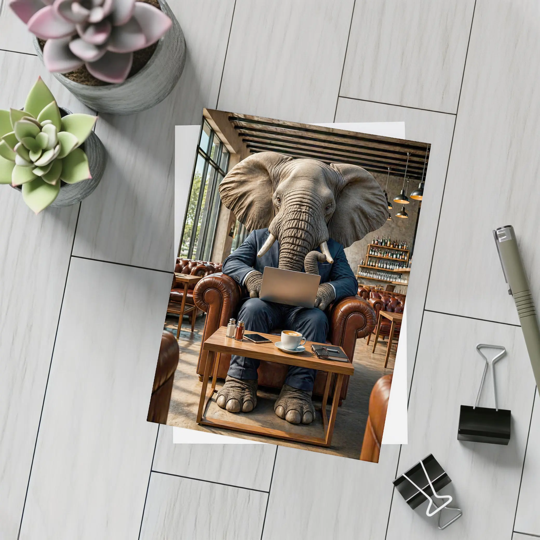 Elephant Businessman Working Laptop Cafe Setting – Postcards
