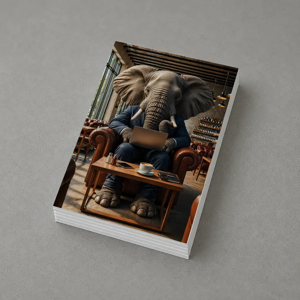 Elephant Businessman Working Laptop Cafe Setting – Postcards