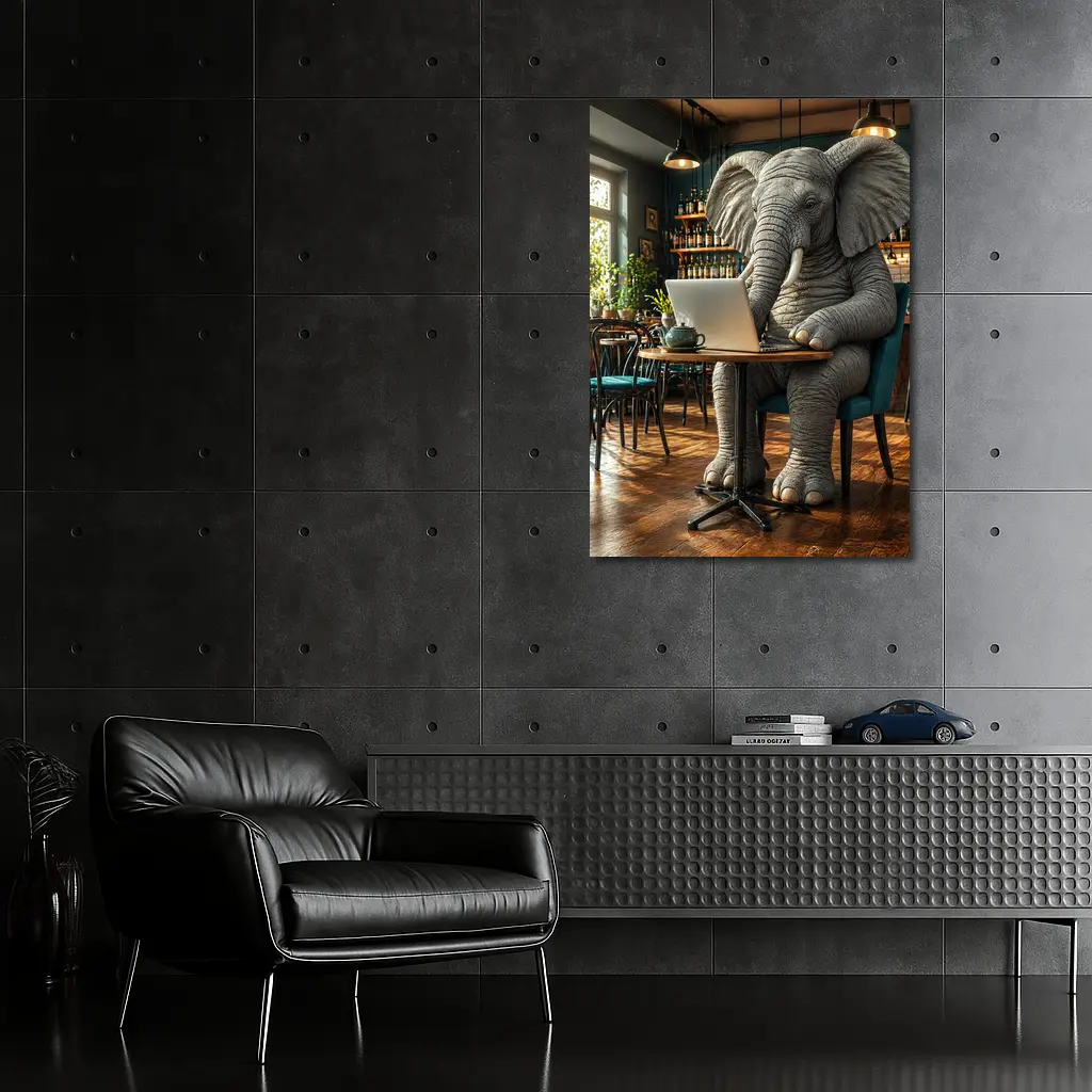 Elephant Working on Laptop in Cafe – Wall Art