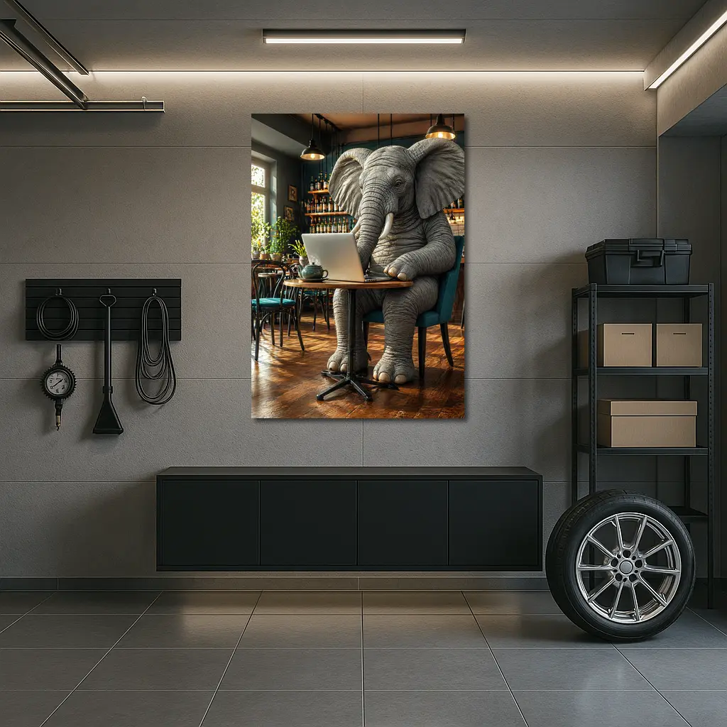 Elephant Working on Laptop in Cafe – Wall Art