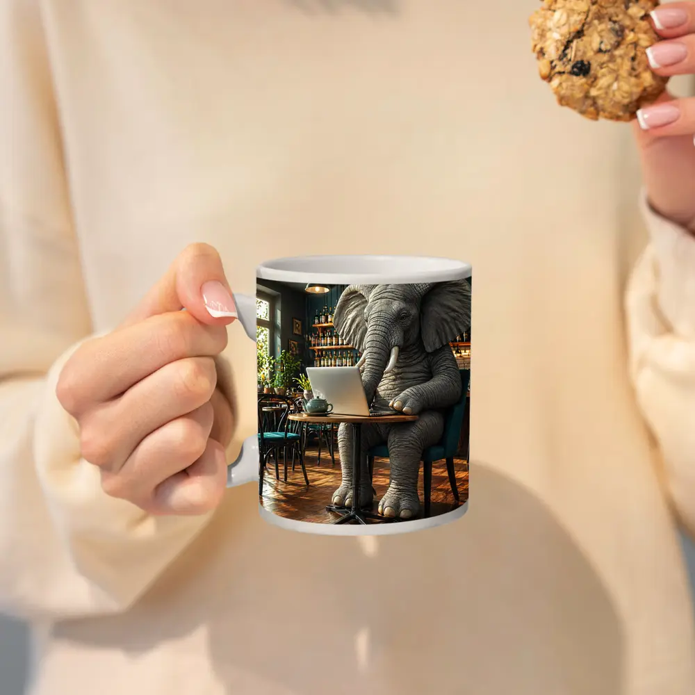 Elephant Working on Laptop in Cafe – Mugs