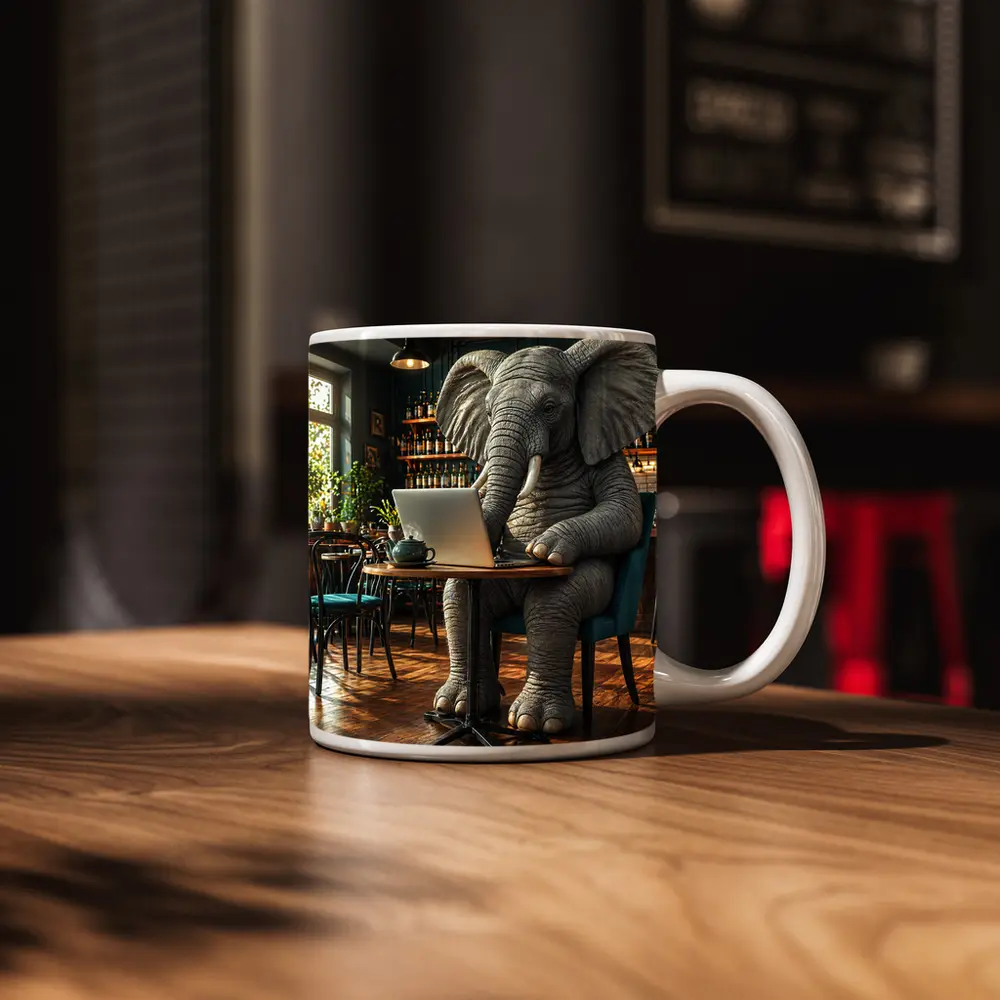Elephant Working on Laptop in Cafe – Mugs
