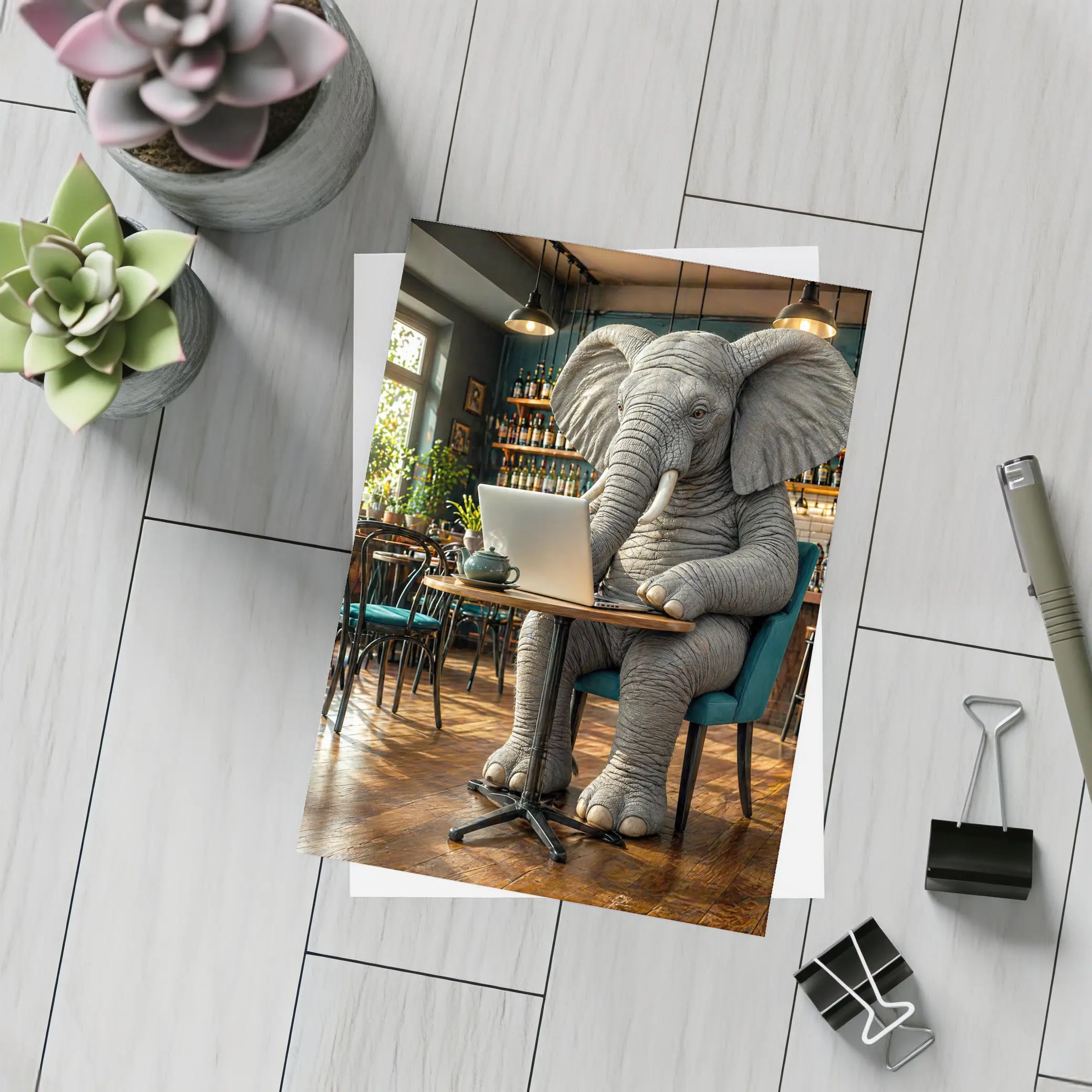 Elephant Working on Laptop in Cafe – Postcards