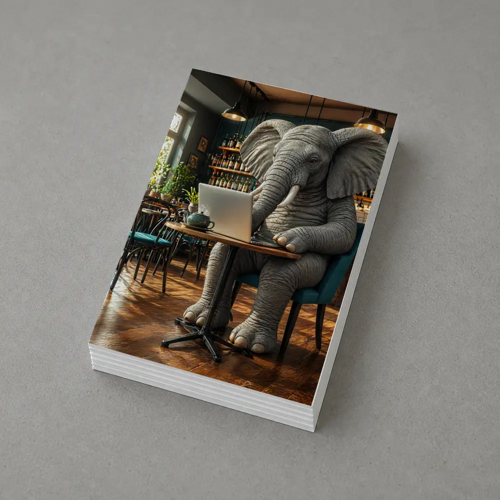 Elephant Working on Laptop in Cafe – Postcards