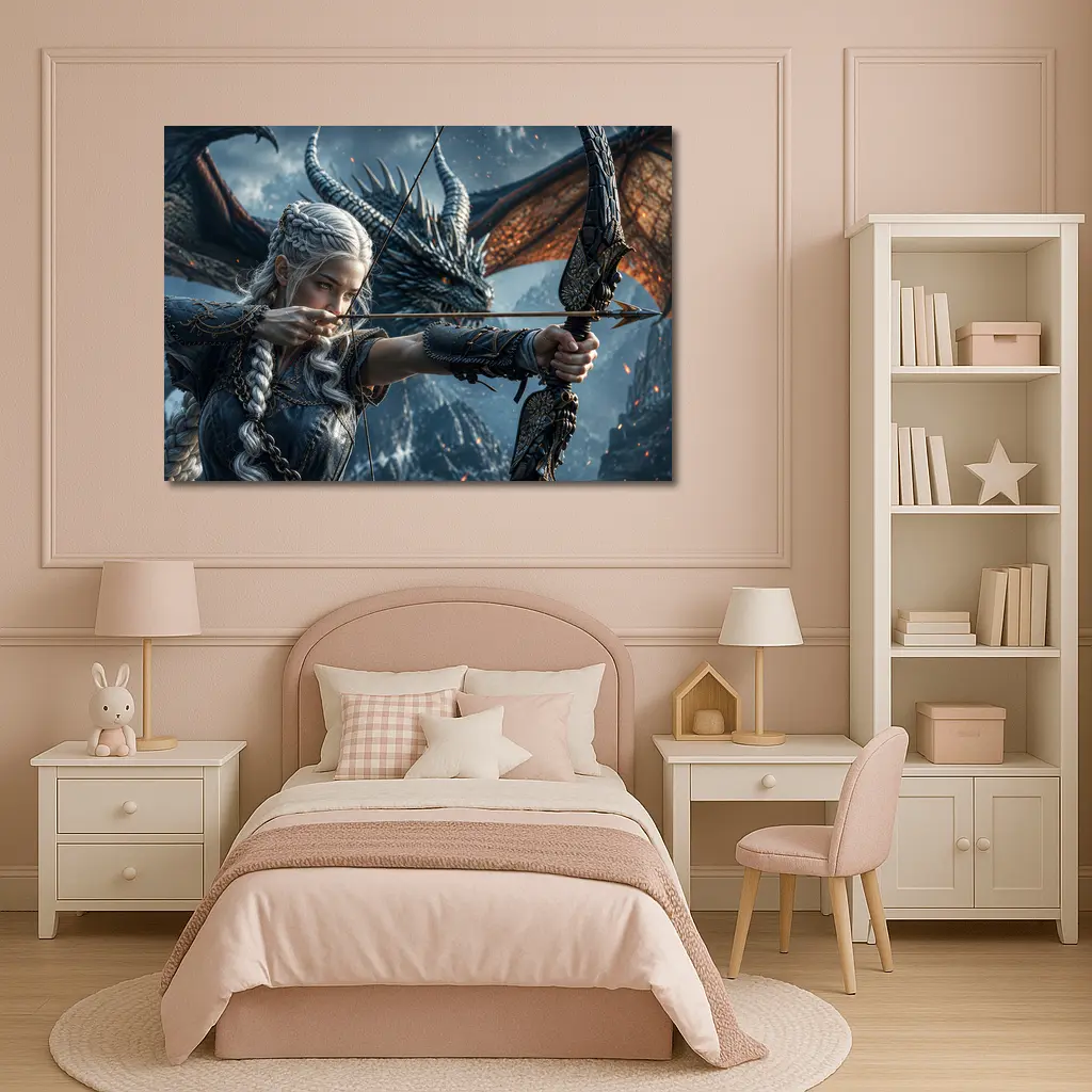 Elf Archer Woman With Dragon Fantasy Art – Wall Art