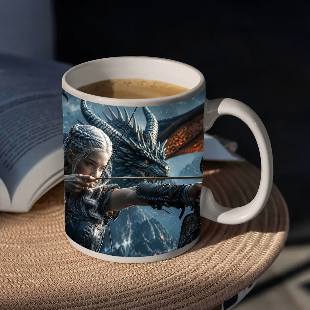 Elf Archer Woman With Dragon Fantasy Art – Mugs