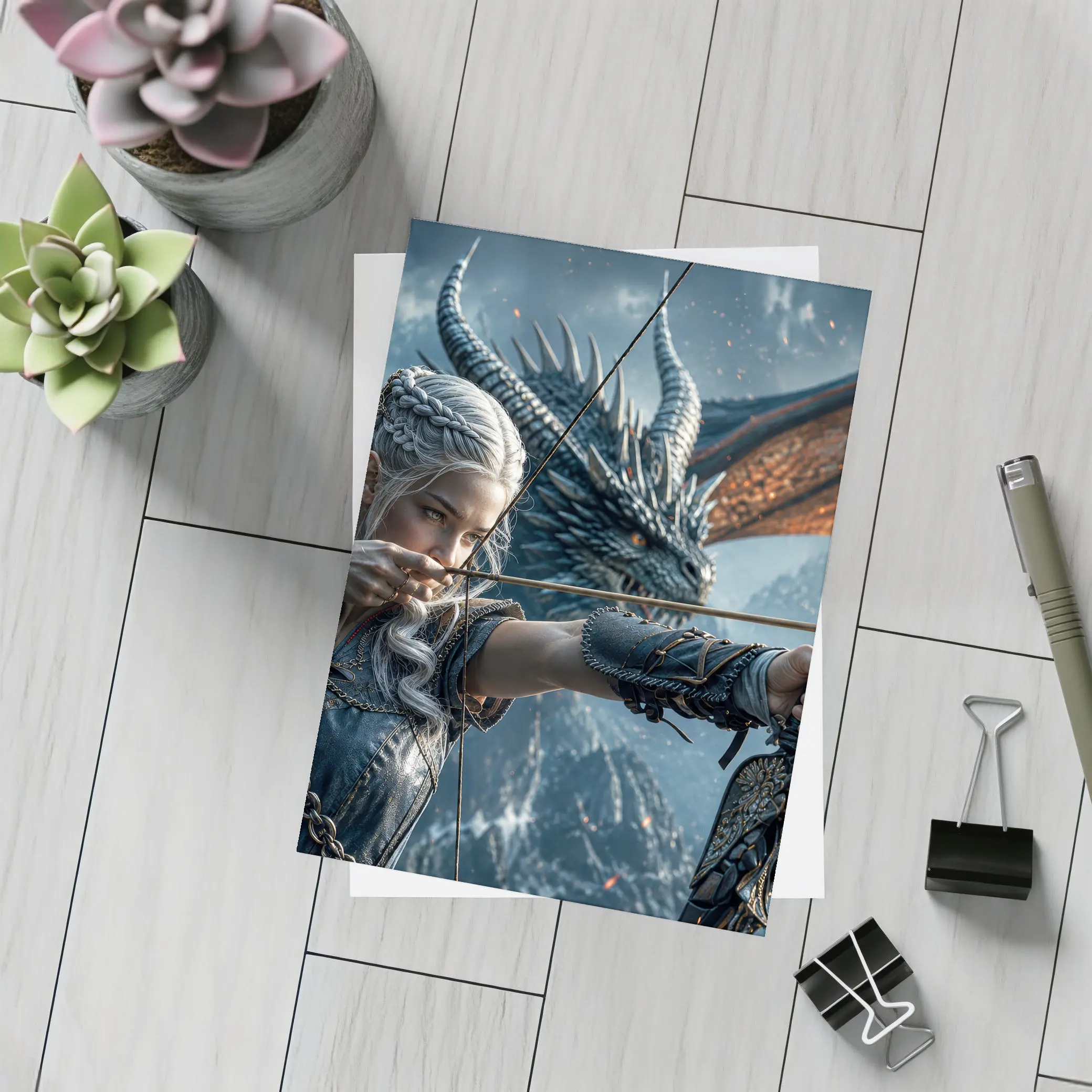 Elf Archer Woman With Dragon Fantasy Art – Postcards