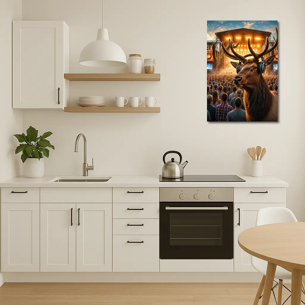 Elk With Headphones At Music Festival – Wall Art
