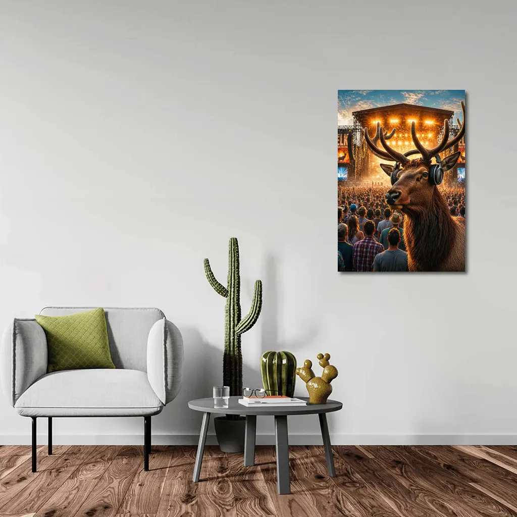 Elk With Headphones At Music Festival – Wall Art