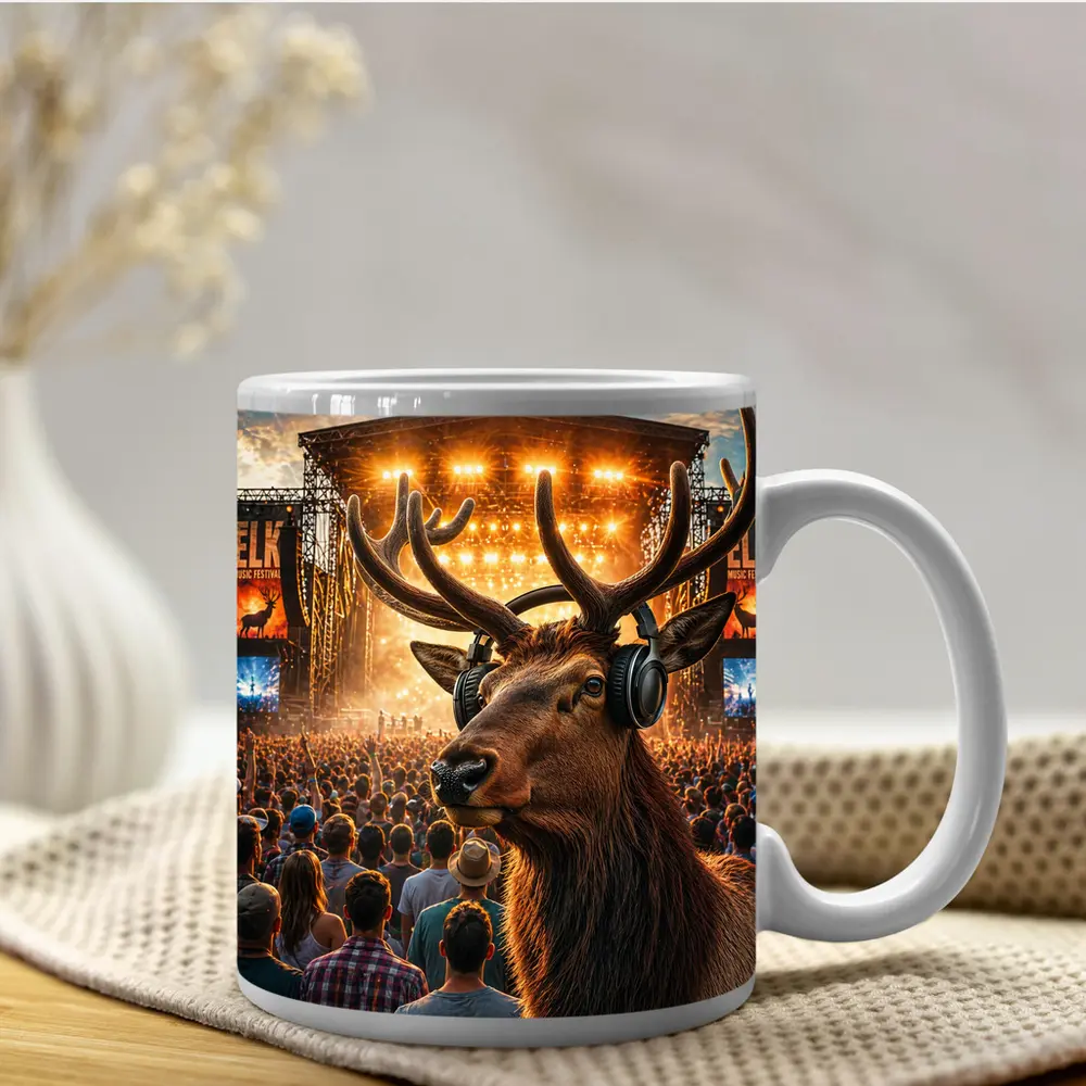 Elk With Headphones At Music Festival – Mugs