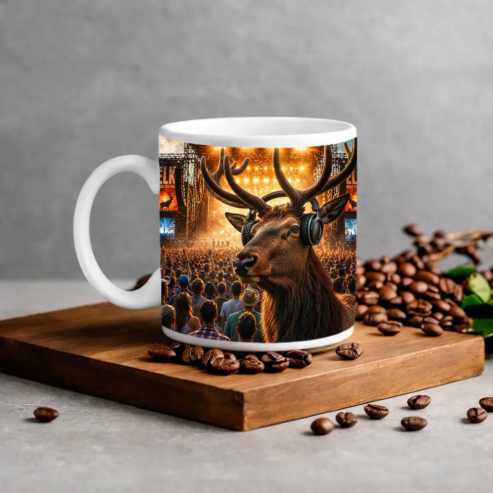 Elk With Headphones At Music Festival – Mugs