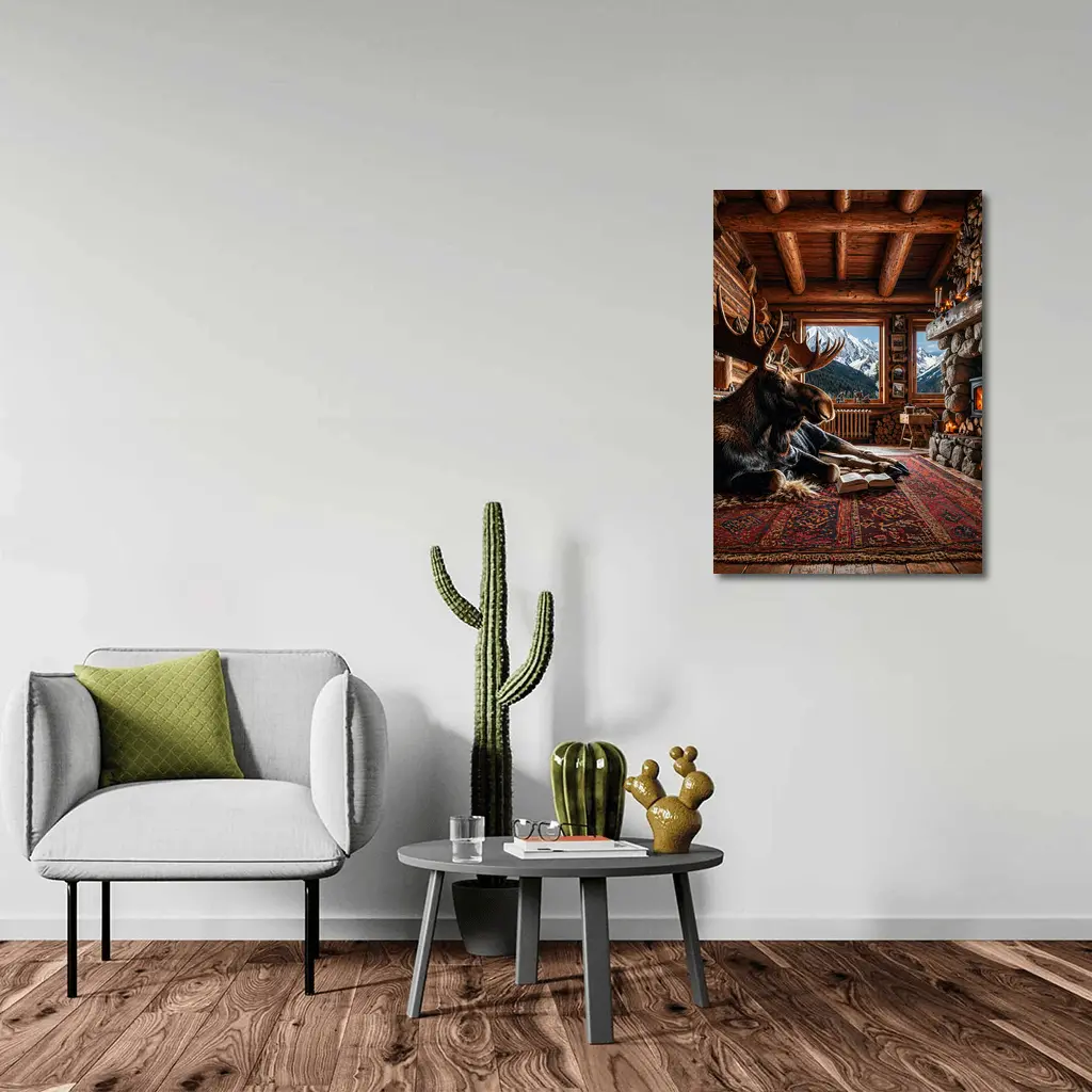 Moose Reading Book Mountain Cabin Fireplace – Wall Art