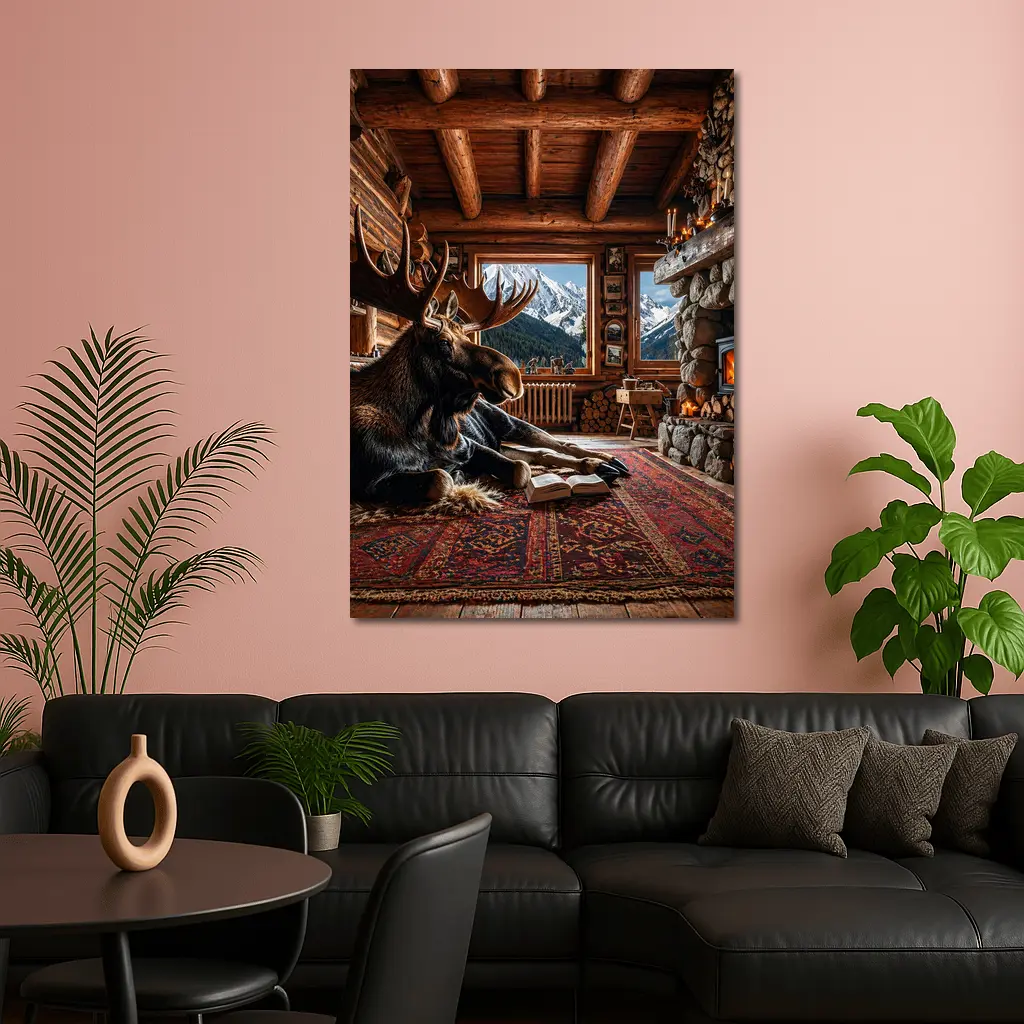 Moose Reading Book Mountain Cabin Fireplace – Wall Art
