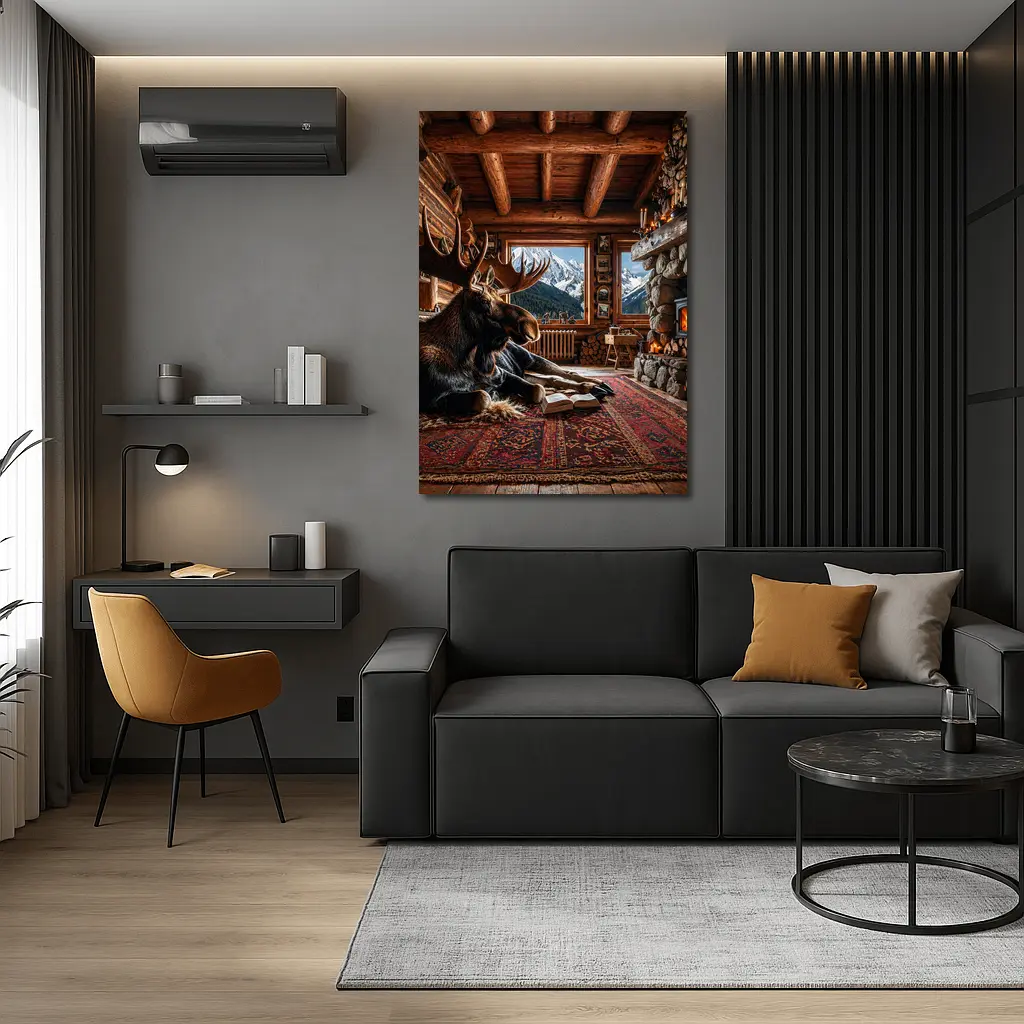 Moose Reading Book Mountain Cabin Fireplace – Wall Art