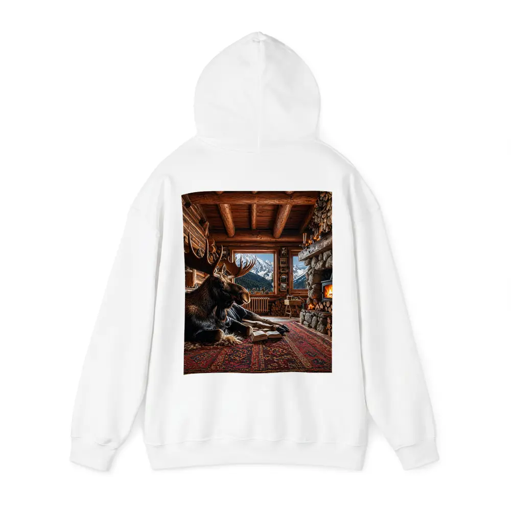 Moose Reading Book Mountain Cabin Fireplace – Hoodies