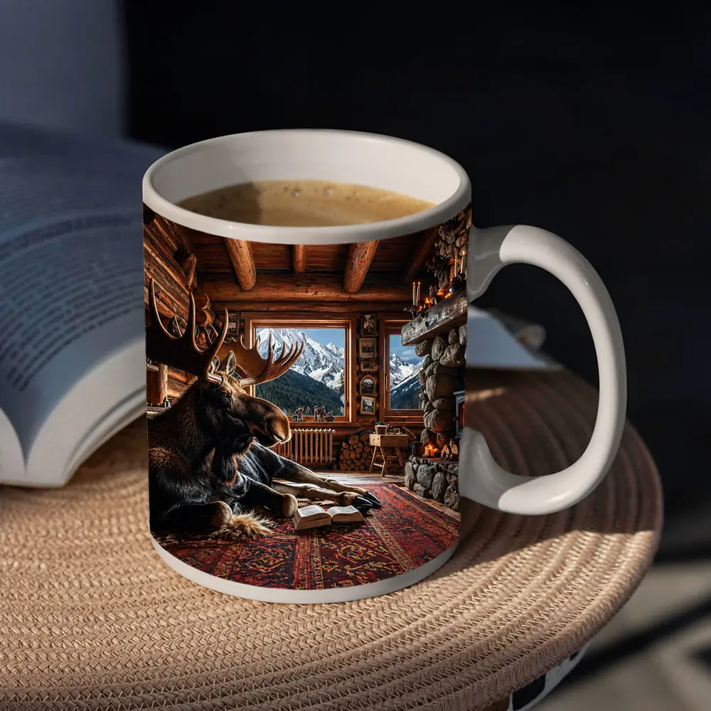 Moose Reading Book Mountain Cabin Fireplace – Mugs