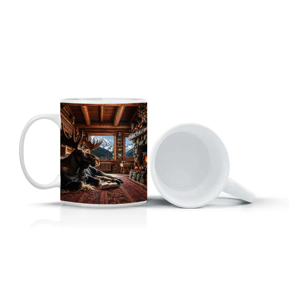 Moose Reading Book Mountain Cabin Fireplace – Mugs