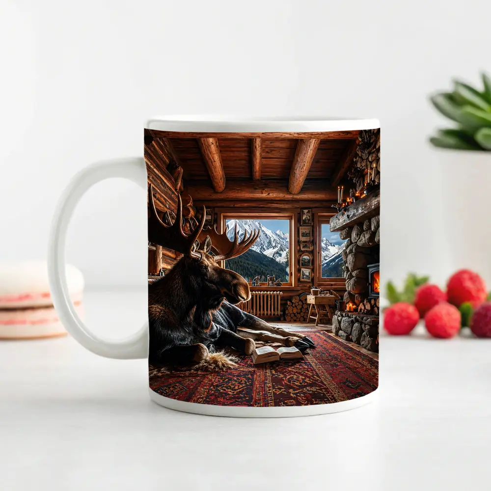 Moose Reading Book Mountain Cabin Fireplace – Mugs