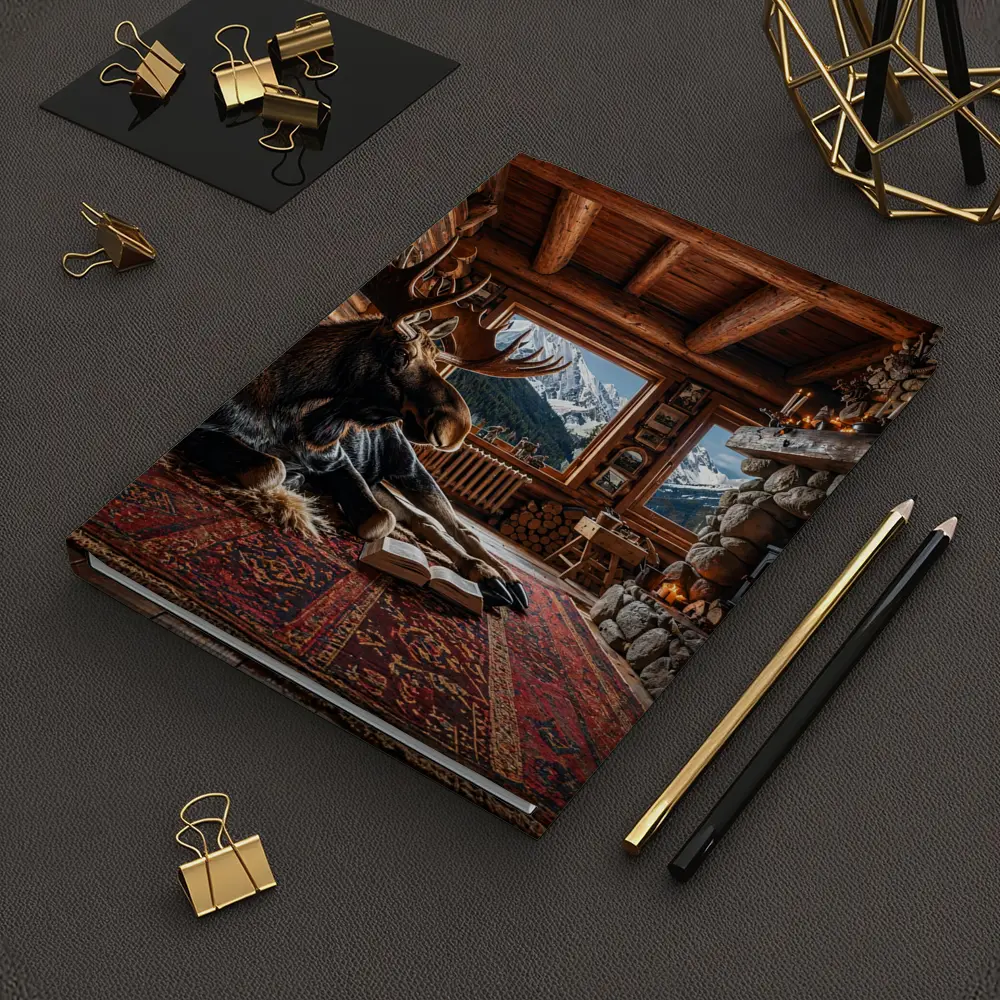 Moose Reading Book Mountain Cabin Fireplace – Notebooks